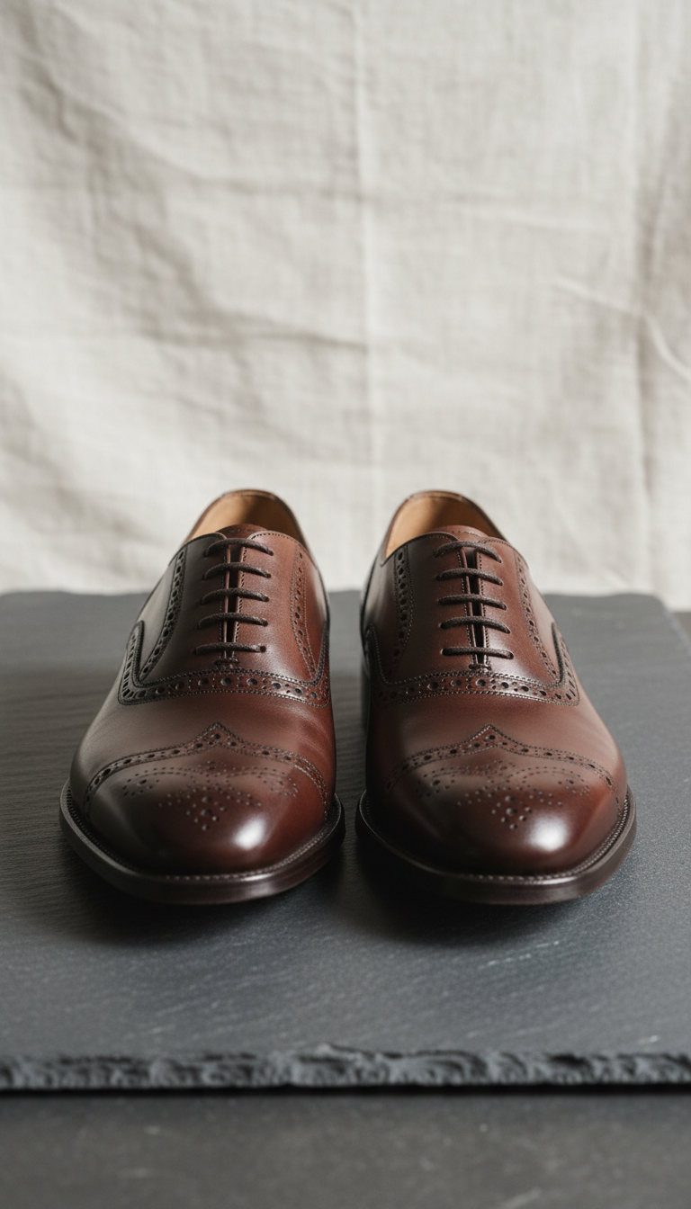 A pair of handcrafted Italian leather oxford shoes in deep espresso brown, positioned with architectural symmetry on a flawless slate stone surface. The shoes feature elegant brogue detailing and a faint sheen from a meticulous hand-polish. Subtle ambient lighting from the side produces soft highlights on the curved toe caps and gentle gradients along the leather, casting graceful shadow lines. The environment is minimalist and sophisticated, with only a hint of textured linen in the background to complement the muted palette. Shot from an eye-level perspective with centered composition and crisp focus throughout, the mood is dignified yet inviting, exuding luxury and refinement. The image is styled with photographic realism, tailored for a premium formal menswear supplier.