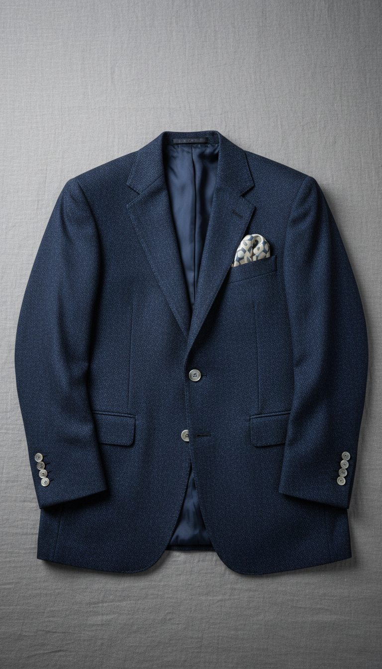 An exquisitely tailored navy blue wool suit jacket with a subtle herringbone texture, immaculately laid flat against a muted grey linen backdrop. The suit's fine stitching and mother-of-pearl buttons are in focus, complemented by a silk pocket square artfully arranged in the breast pocket. Soft, diffused studio lighting gently caresses the garment, highlighting its contours with understated gradients and casting delicate shadows that enrich the fabric's depth. The setting is minimalist and uncluttered, invoking a mood of quiet sophistication and timeless elegance. Framed from a slightly elevated angle with a shallow depth of field, the image emphasizes the precision and luxury of the garment. The overall style is photographic realism with a refined, minimalist approach suited for a high-end menswear business.