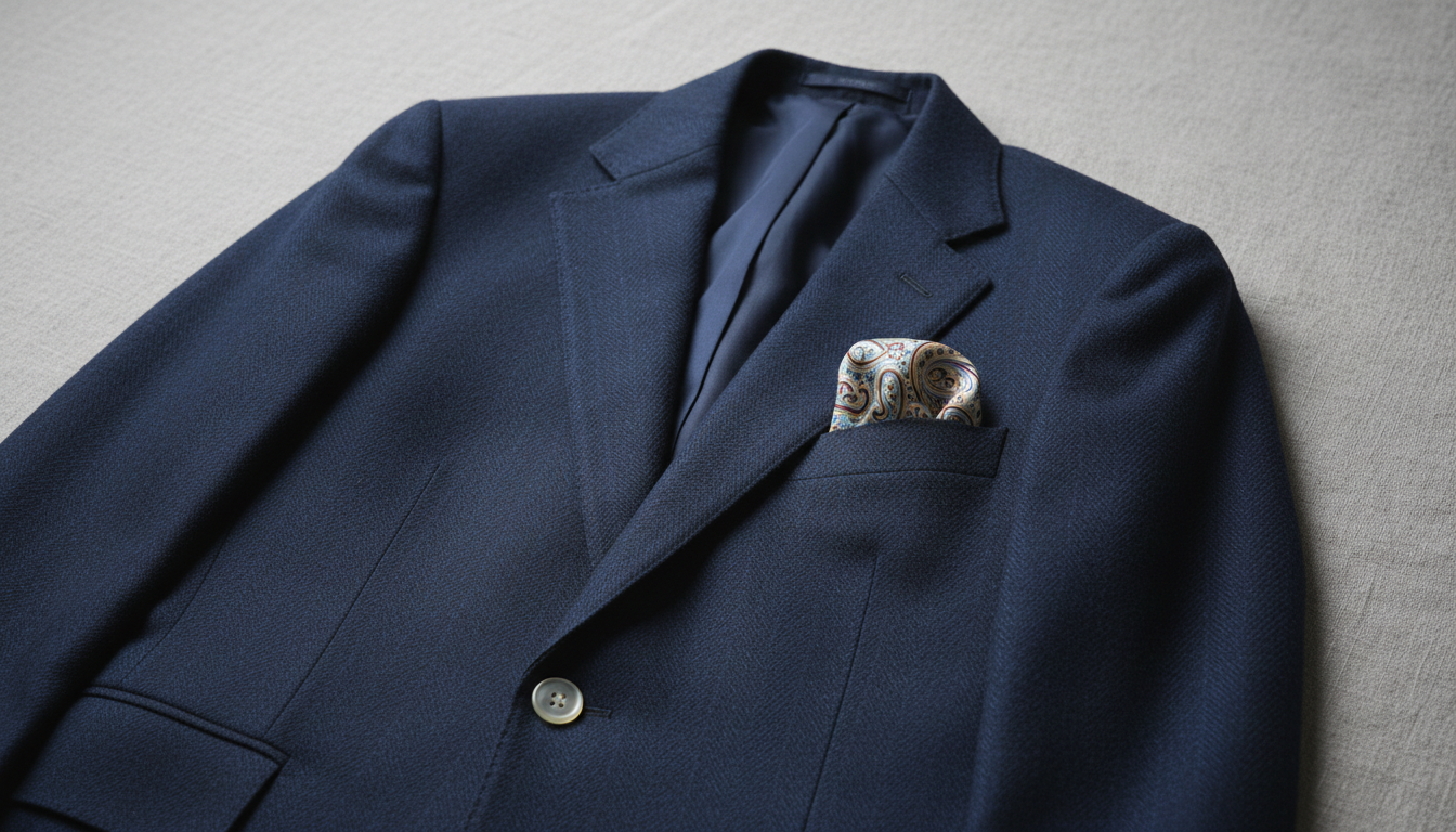 An exquisitely tailored navy blue wool suit jacket with a subtle herringbone texture, immaculately laid flat against a muted grey linen backdrop. The suit's fine stitching and mother-of-pearl buttons are in focus, complemented by a silk pocket square artfully arranged in the breast pocket. Soft, diffused studio lighting gently caresses the garment, highlighting its contours with understated gradients and casting delicate shadows that enrich the fabric's depth. The setting is minimalist and uncluttered, invoking a mood of quiet sophistication and timeless elegance. Framed from a slightly elevated angle with a shallow depth of field, the image emphasizes the precision and luxury of the garment. The overall style is photographic realism with a refined, minimalist approach suited for a high-end menswear business.